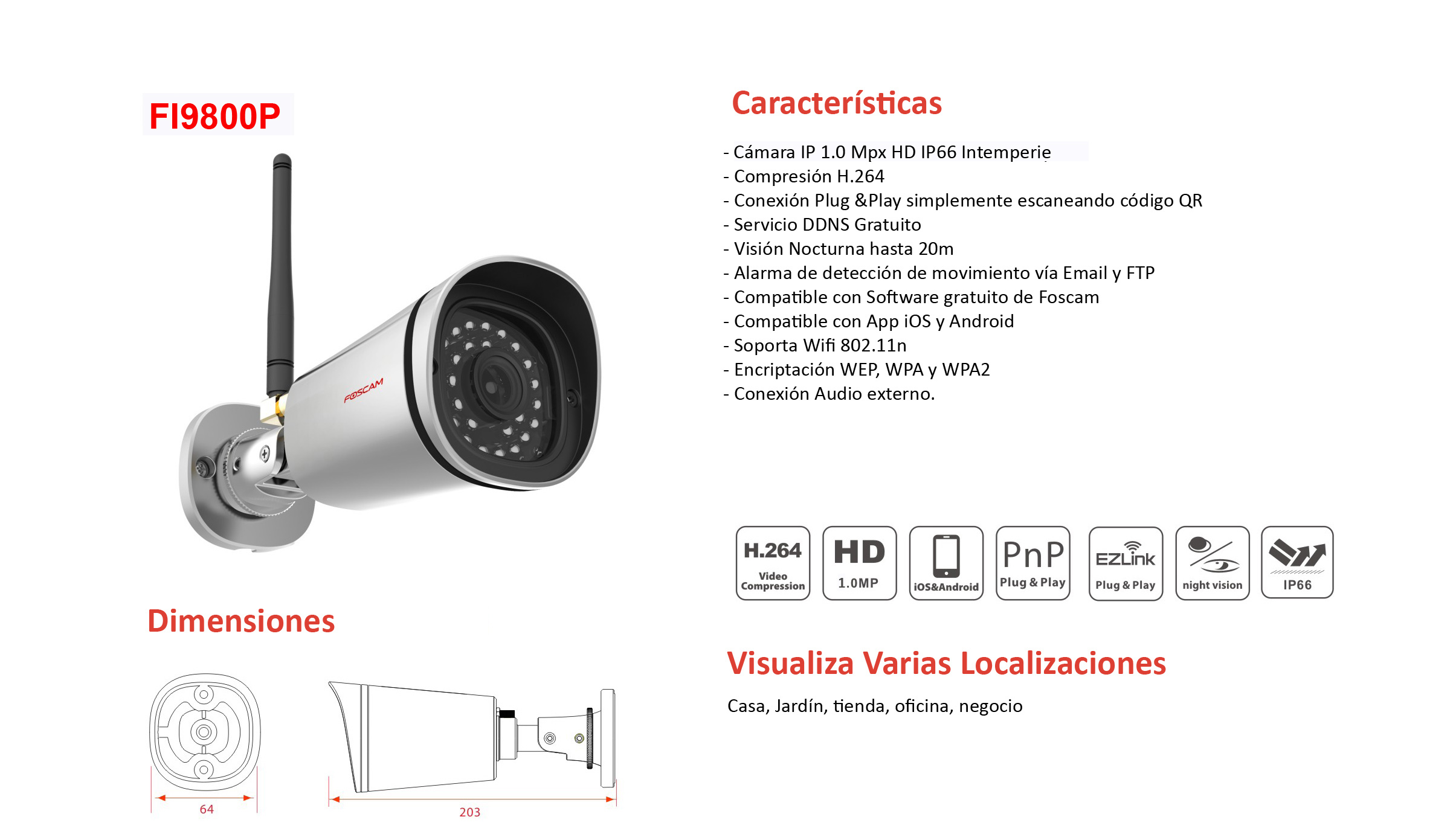 FI9800P Cámaras IP Foscam FI9800P Exterior 720p